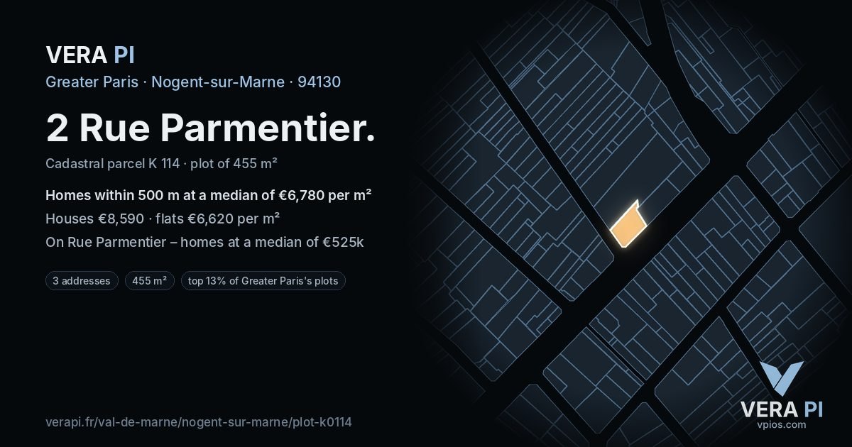 2 Rue Parmentier, Nogent-sur-Marne at night – the plot lit, the parcels around coloured by the prices near them