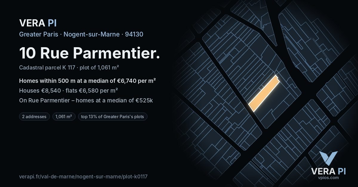 10 Rue Parmentier, Nogent-sur-Marne at night – the plot lit, the parcels around coloured by the prices near them