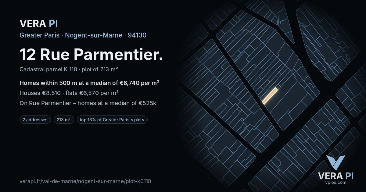 12 Rue Parmentier, Nogent-sur-Marne at night – the plot lit, the parcels around coloured by the prices near them