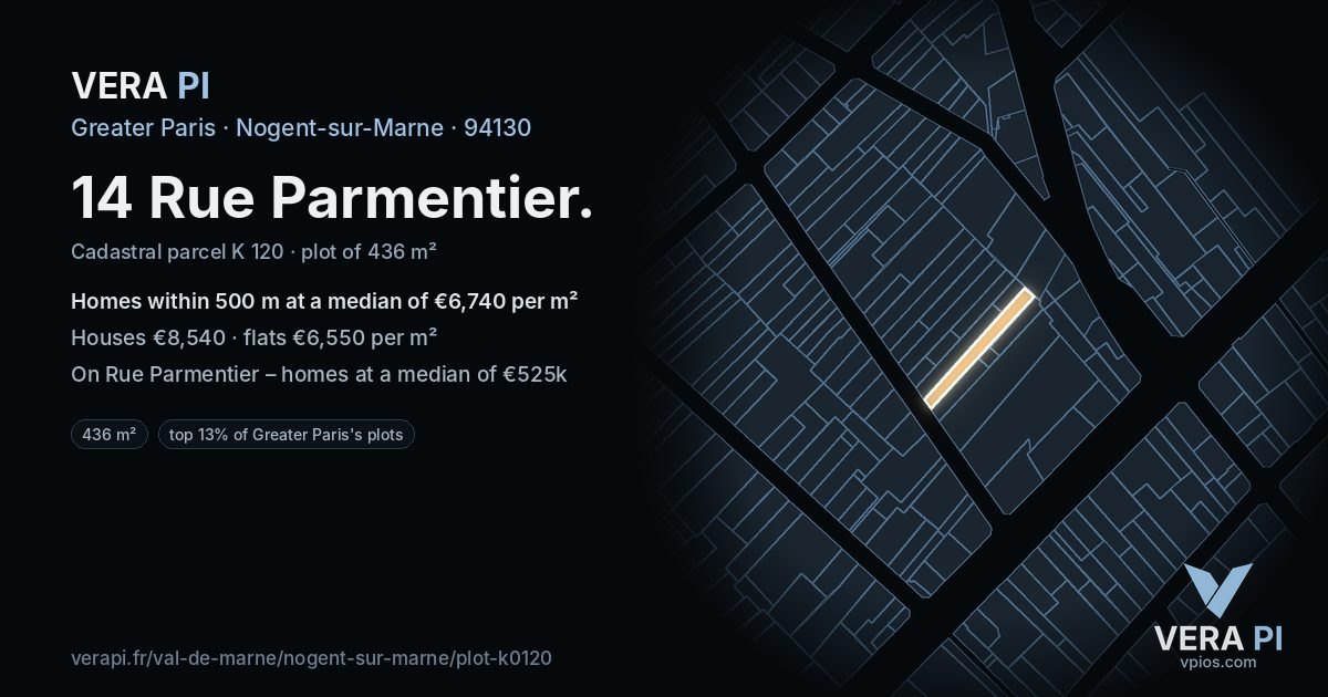 14 Rue Parmentier, Nogent-sur-Marne at night – the plot lit, the parcels around coloured by the prices near them