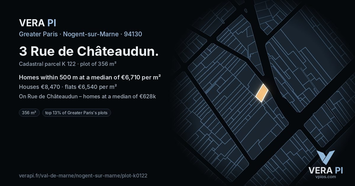 3 Rue de Châteaudun, Nogent-sur-Marne at night – the plot lit, the parcels around coloured by the prices near them