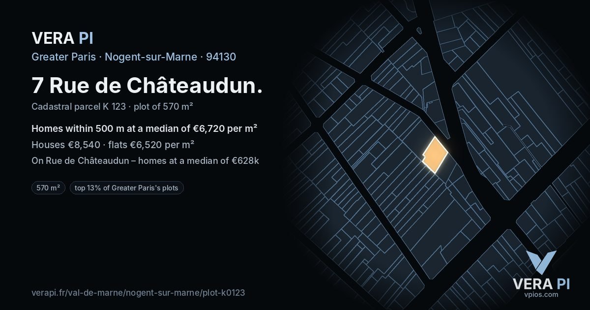 7 Rue de Châteaudun, Nogent-sur-Marne at night – the plot lit, the parcels around coloured by the prices near them