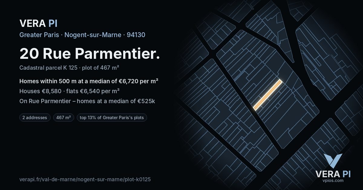 20 Rue Parmentier, Nogent-sur-Marne at night – the plot lit, the parcels around coloured by the prices near them