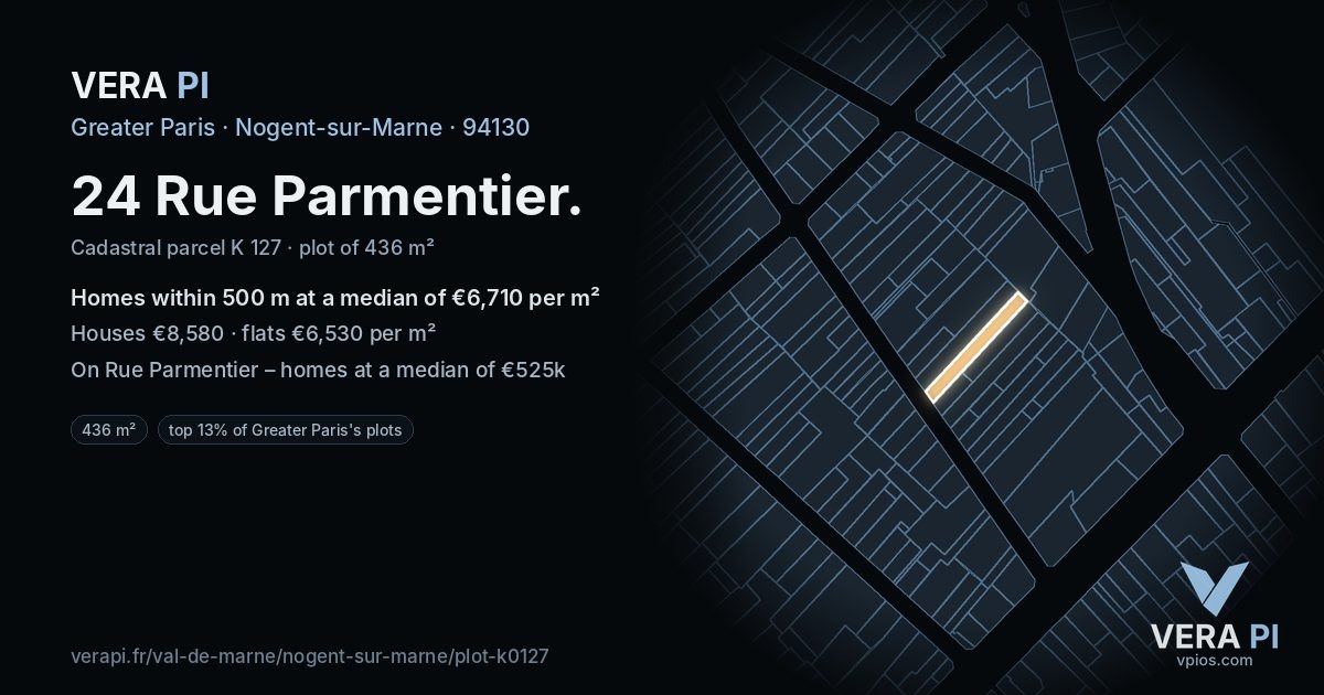 24 Rue Parmentier, Nogent-sur-Marne at night – the plot lit, the parcels around coloured by the prices near them
