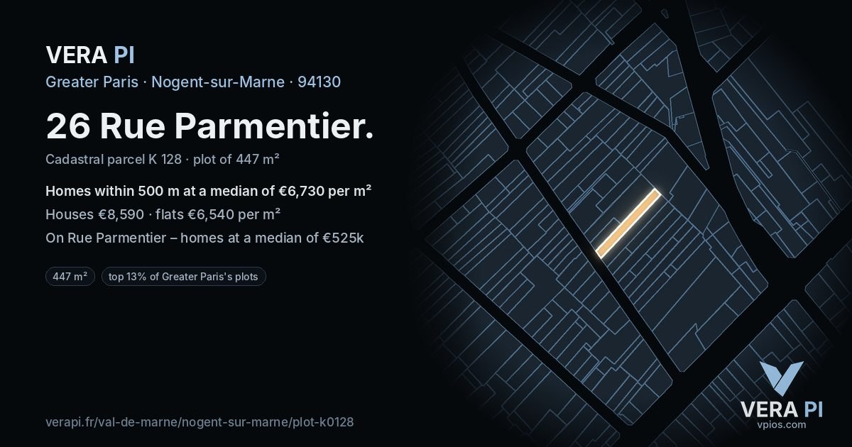 26 Rue Parmentier, Nogent-sur-Marne at night – the plot lit, the parcels around coloured by the prices near them
