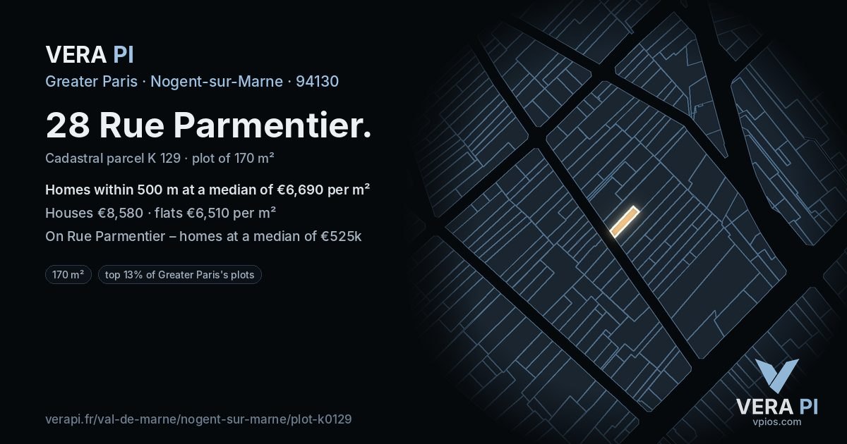 28 Rue Parmentier, Nogent-sur-Marne at night – the plot lit, the parcels around coloured by the prices near them