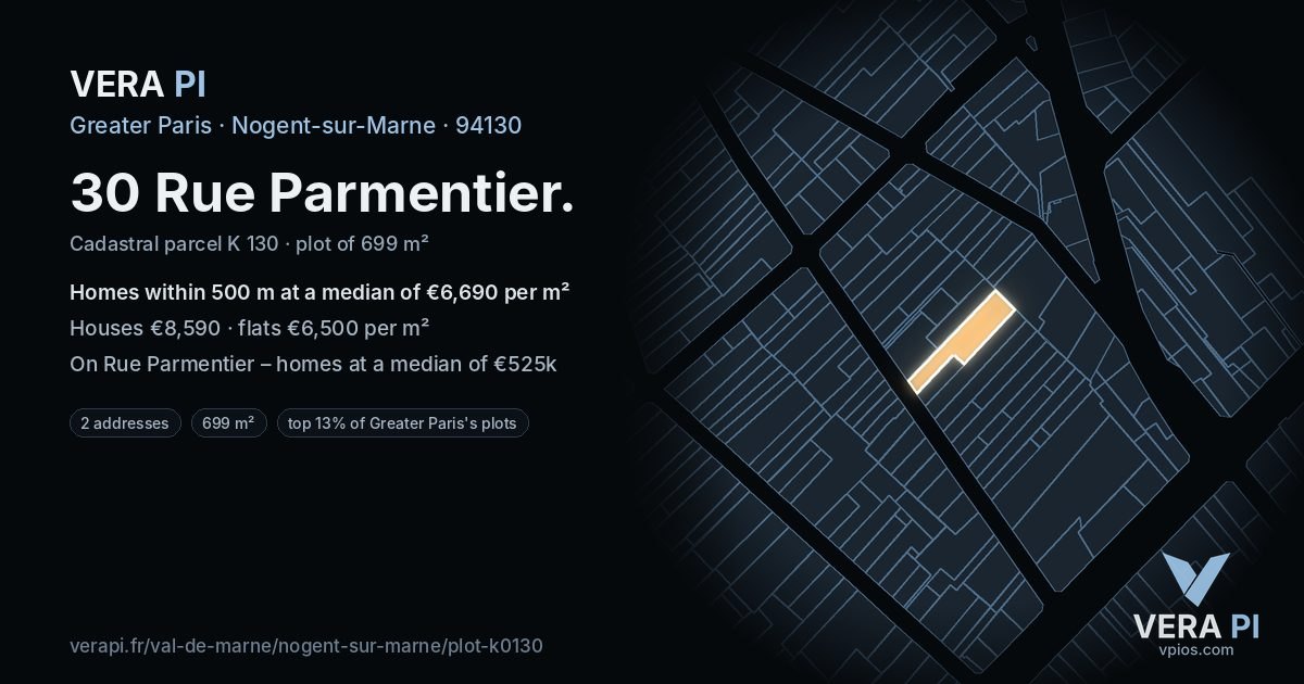 30 Rue Parmentier, Nogent-sur-Marne at night – the plot lit, the parcels around coloured by the prices near them