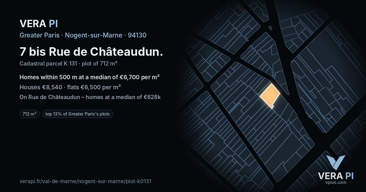7 bis Rue de Châteaudun, Nogent-sur-Marne at night – the plot lit, the parcels around coloured by the prices near them