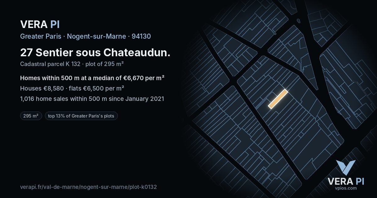 27 Sentier sous Chateaudun, Nogent-sur-Marne at night – the plot lit, the parcels around coloured by the prices near them