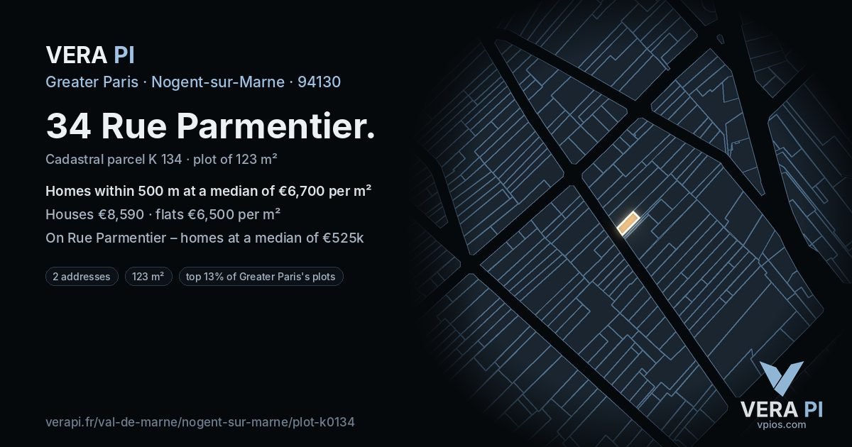 34 Rue Parmentier, Nogent-sur-Marne at night – the plot lit, the parcels around coloured by the prices near them