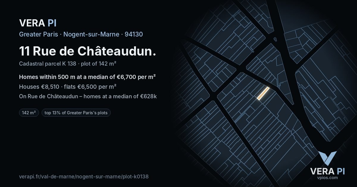 11 Rue de Châteaudun, Nogent-sur-Marne at night – the plot lit, the parcels around coloured by the prices near them