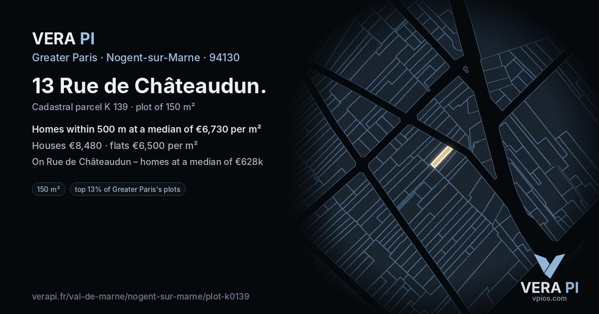 13 Rue de Châteaudun, Nogent-sur-Marne at night – the plot lit, the parcels around coloured by the prices near them