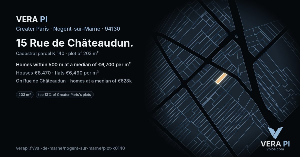 15 Rue de Châteaudun, Nogent-sur-Marne at night – the plot lit, the parcels around coloured by the prices near them