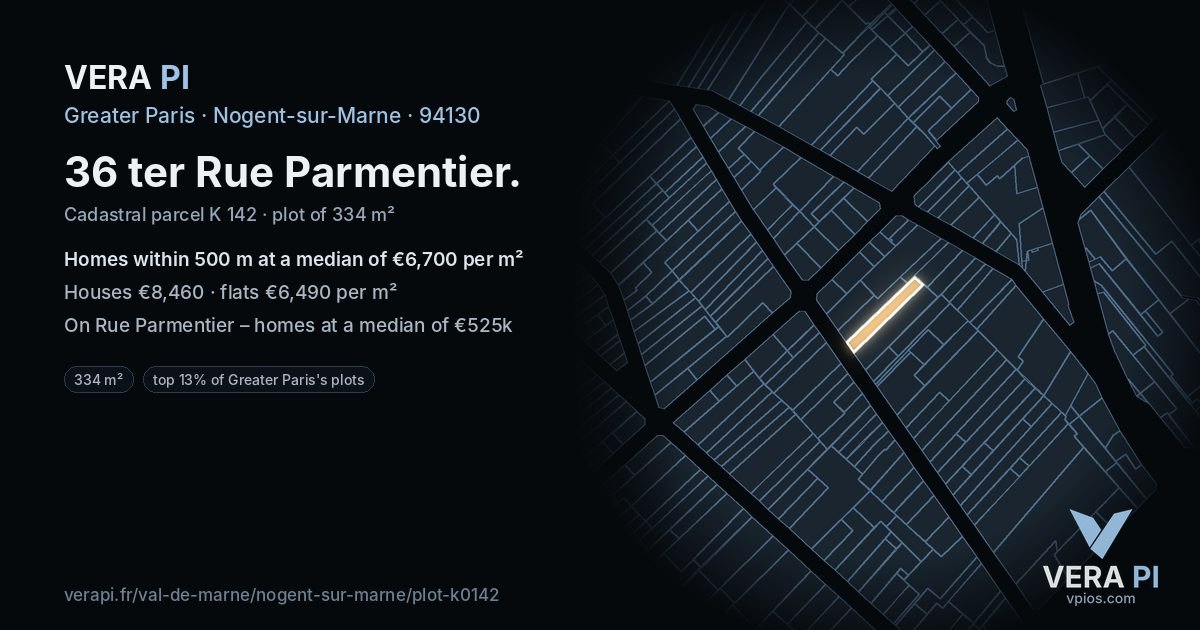 36 ter Rue Parmentier, Nogent-sur-Marne at night – the plot lit, the parcels around coloured by the prices near them