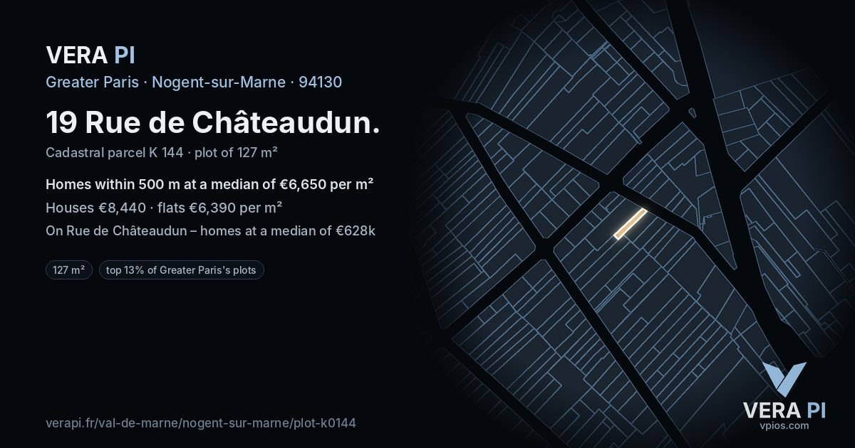 19 Rue de Châteaudun, Nogent-sur-Marne at night – the plot lit, the parcels around coloured by the prices near them