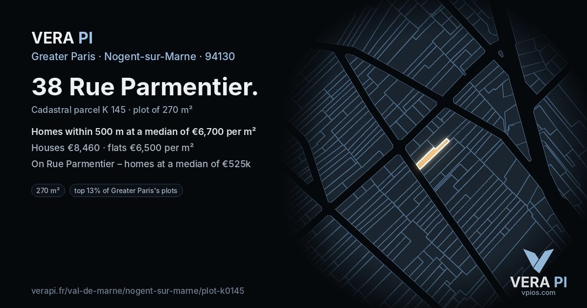 38 Rue Parmentier, Nogent-sur-Marne at night – the plot lit, the parcels around coloured by the prices near them