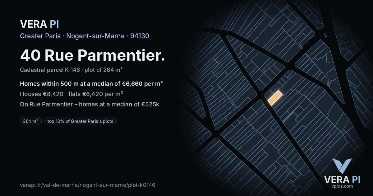 40 Rue Parmentier, Nogent-sur-Marne at night – the plot lit, the parcels around coloured by the prices near them