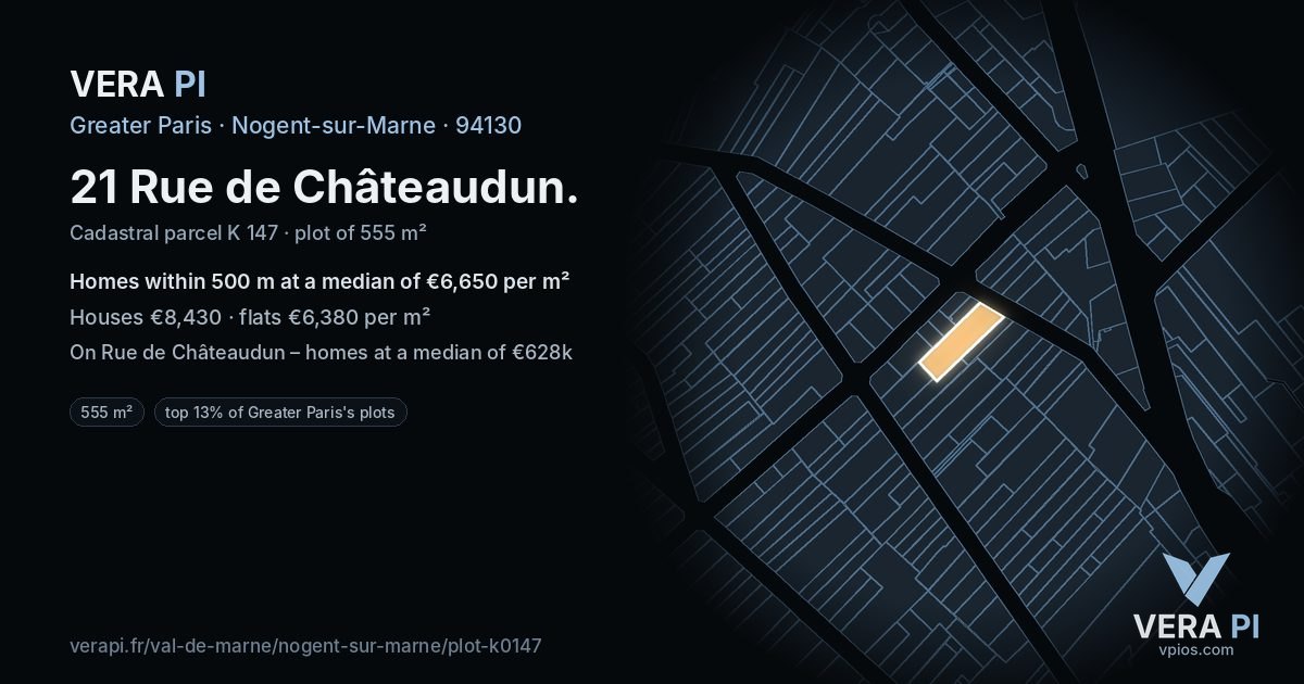 21 Rue de Châteaudun, Nogent-sur-Marne at night – the plot lit, the parcels around coloured by the prices near them