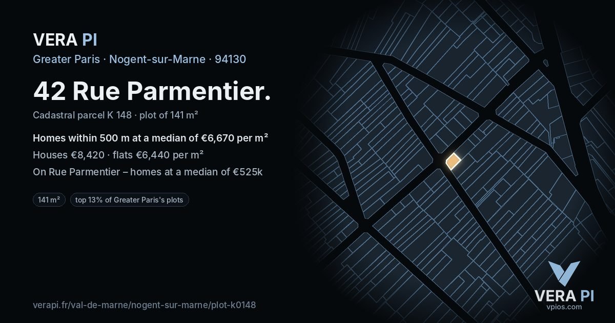 42 Rue Parmentier, Nogent-sur-Marne at night – the plot lit, the parcels around coloured by the prices near them