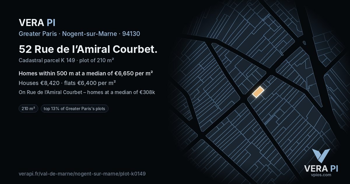 52 Rue de l’Amiral Courbet, Nogent-sur-Marne at night – the plot lit, the parcels around coloured by the prices near them