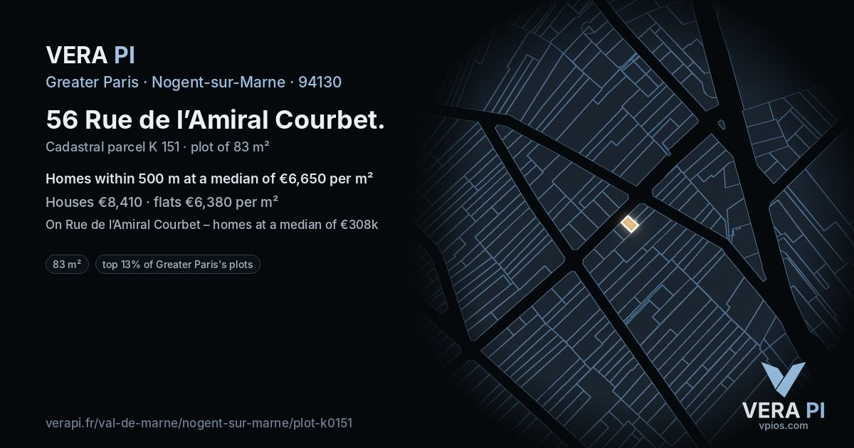 56 Rue de l’Amiral Courbet, Nogent-sur-Marne at night – the plot lit, the parcels around coloured by the prices near them
