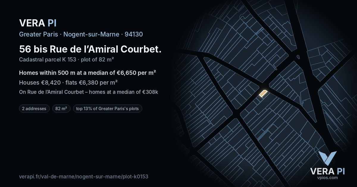 56 bis Rue de l’Amiral Courbet, Nogent-sur-Marne at night – the plot lit, the parcels around coloured by the prices near them