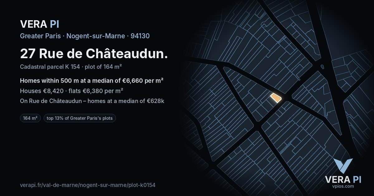 27 Rue de Châteaudun, Nogent-sur-Marne at night – the plot lit, the parcels around coloured by the prices near them