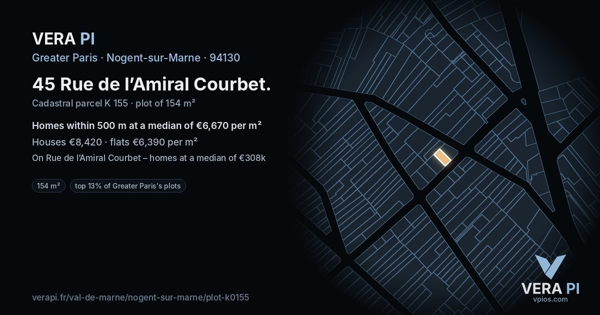 45 Rue de l’Amiral Courbet, Nogent-sur-Marne at night – the plot lit, the parcels around coloured by the prices near them