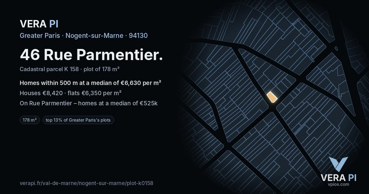 46 Rue Parmentier, Nogent-sur-Marne at night – the plot lit, the parcels around coloured by the prices near them