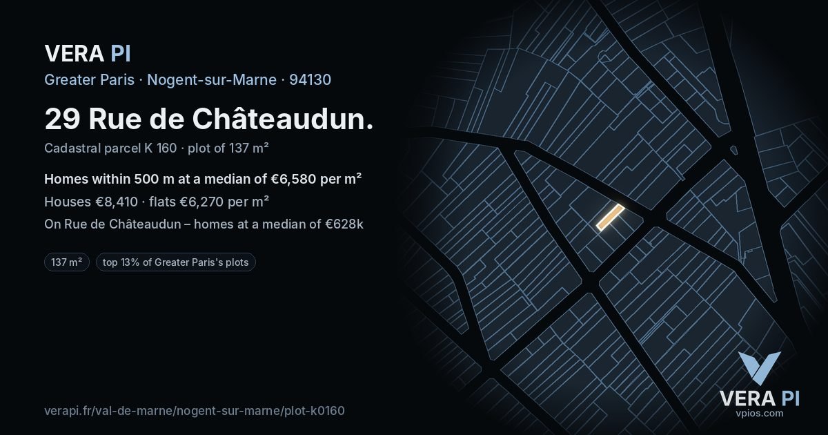 29 Rue de Châteaudun, Nogent-sur-Marne at night – the plot lit, the parcels around coloured by the prices near them