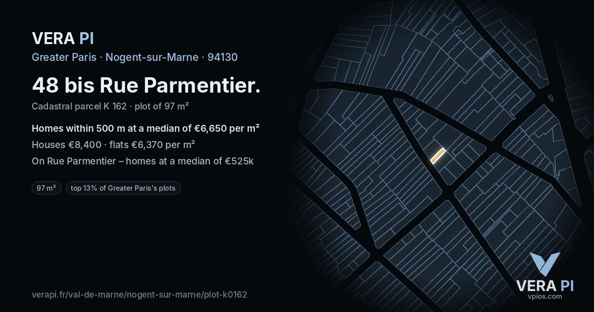 48 bis Rue Parmentier, Nogent-sur-Marne at night – the plot lit, the parcels around coloured by the prices near them