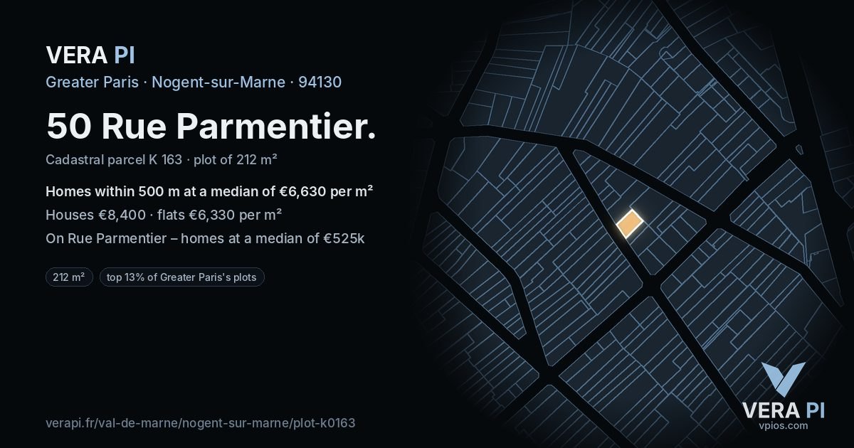 50 Rue Parmentier, Nogent-sur-Marne at night – the plot lit, the parcels around coloured by the prices near them