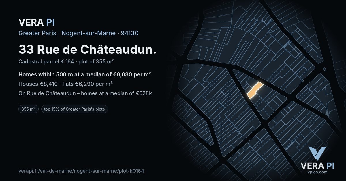 33 Rue de Châteaudun, Nogent-sur-Marne at night – the plot lit, the parcels around coloured by the prices near them