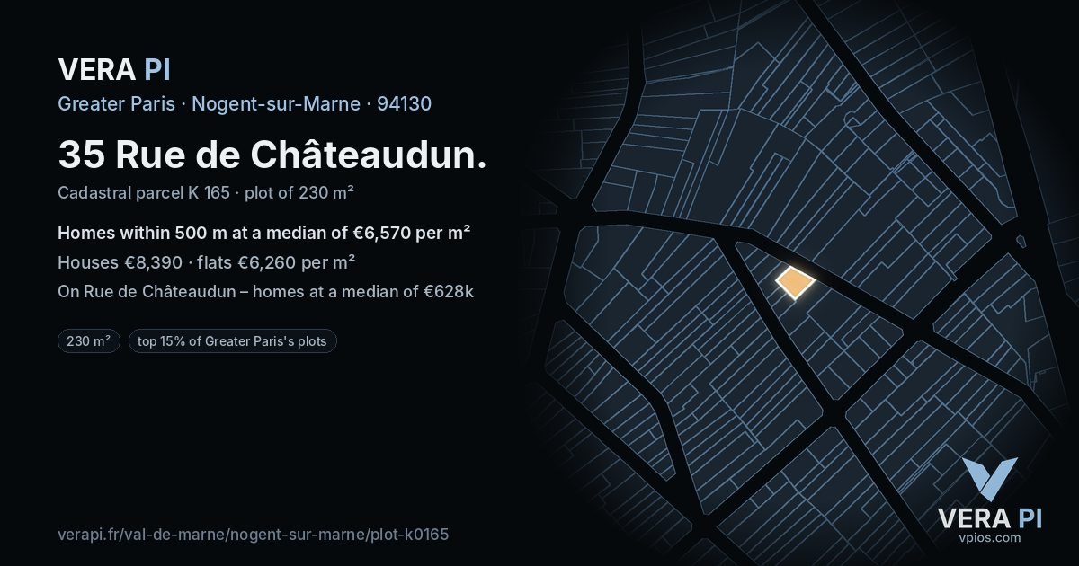 35 Rue de Châteaudun, Nogent-sur-Marne at night – the plot lit, the parcels around coloured by the prices near them