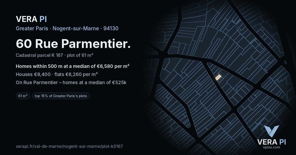 60 Rue Parmentier, Nogent-sur-Marne at night – the plot lit, the parcels around coloured by the prices near them