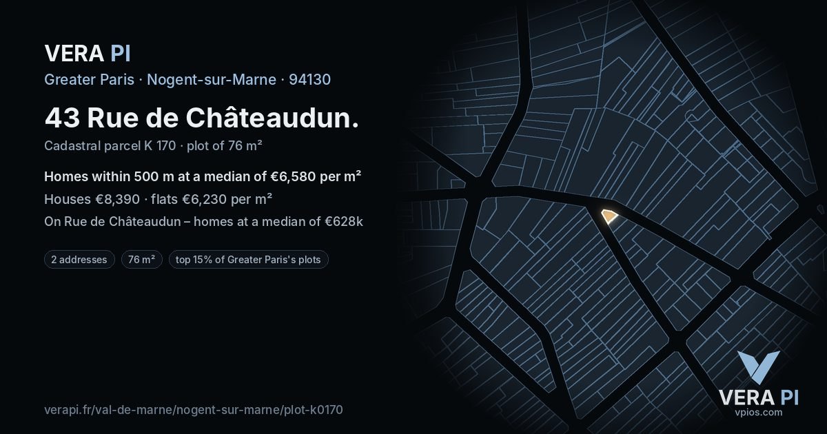 43 Rue de Châteaudun, Nogent-sur-Marne at night – the plot lit, the parcels around coloured by the prices near them