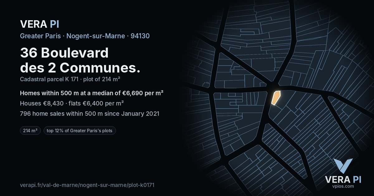 36 Boulevard des 2 Communes, Nogent-sur-Marne at night – the plot lit, the parcels around coloured by the prices near them