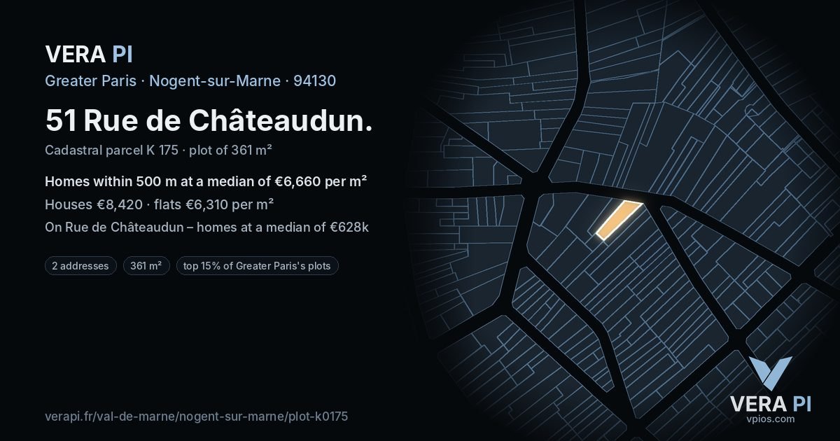 51 Rue de Châteaudun, Nogent-sur-Marne at night – the plot lit, the parcels around coloured by the prices near them