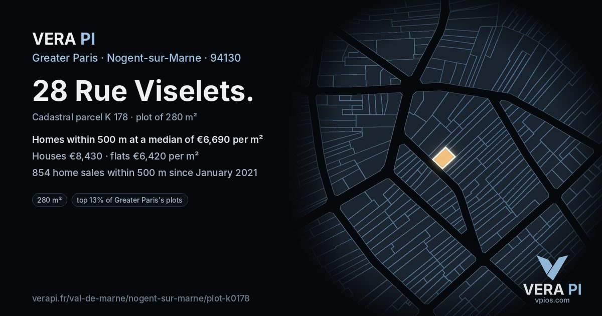 28 Rue Viselets, Nogent-sur-Marne at night – the plot lit, the parcels around coloured by the prices near them
