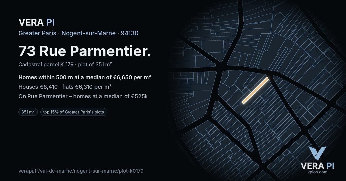 73 Rue Parmentier, Nogent-sur-Marne at night – the plot lit, the parcels around coloured by the prices near them