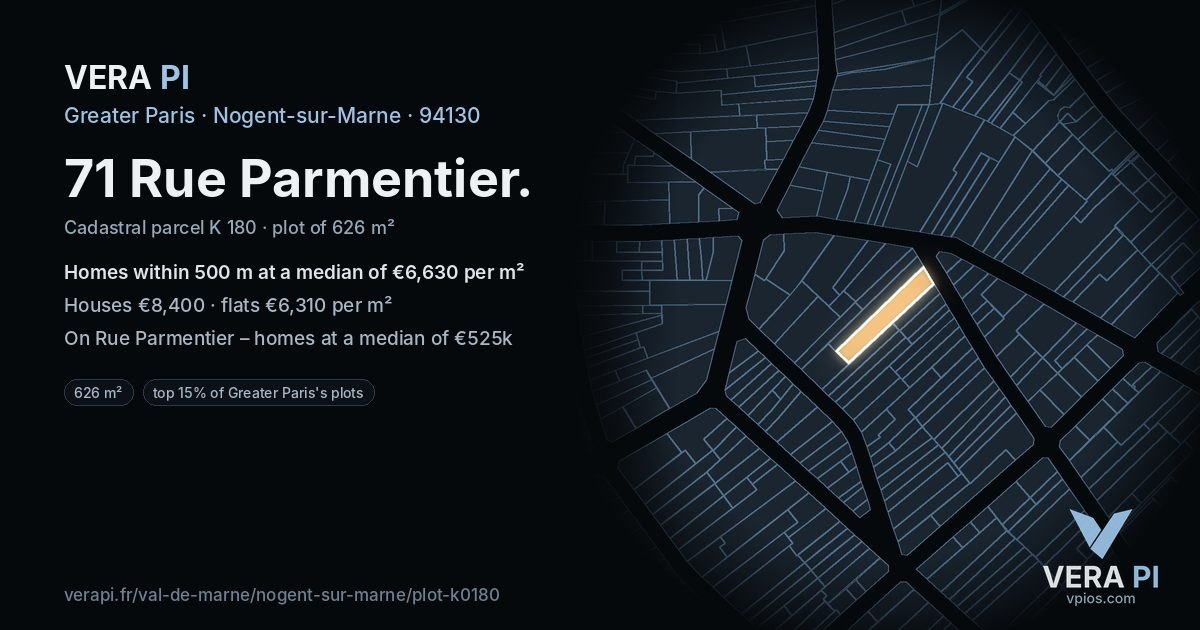 71 Rue Parmentier, Nogent-sur-Marne at night – the plot lit, the parcels around coloured by the prices near them