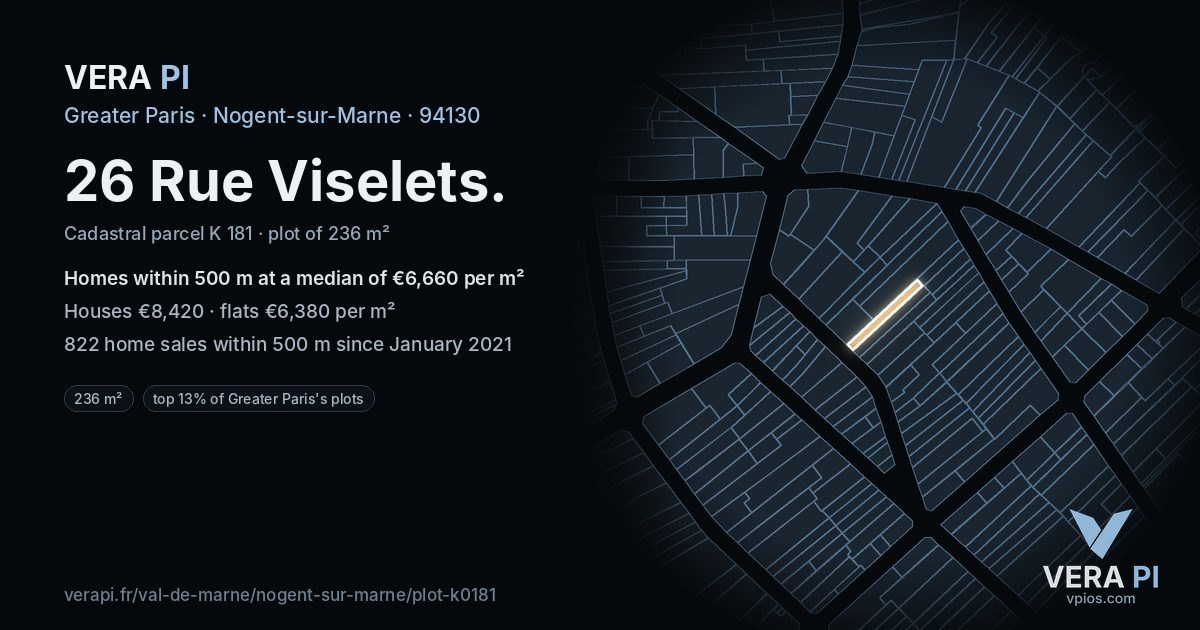 26 Rue Viselets, Nogent-sur-Marne at night – the plot lit, the parcels around coloured by the prices near them