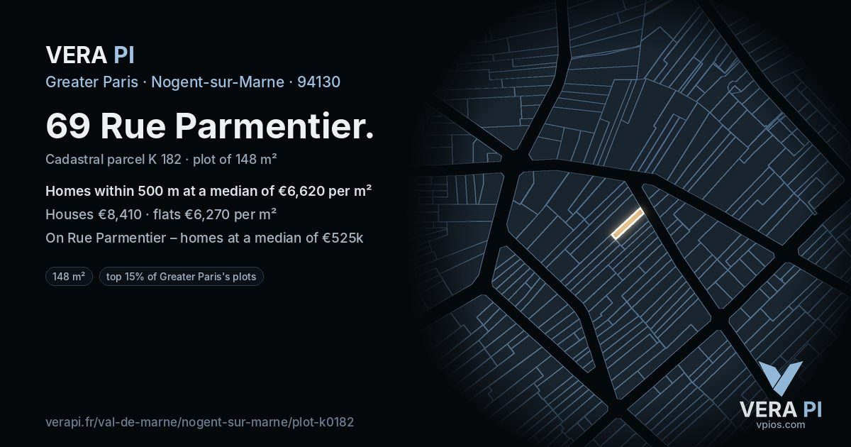 69 Rue Parmentier, Nogent-sur-Marne at night – the plot lit, the parcels around coloured by the prices near them