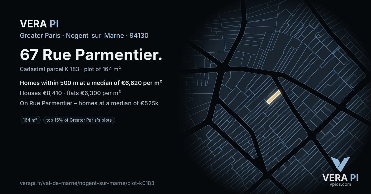 67 Rue Parmentier, Nogent-sur-Marne at night – the plot lit, the parcels around coloured by the prices near them