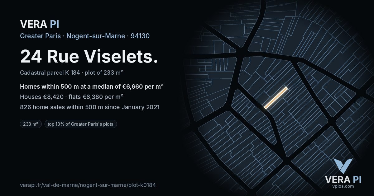 24 Rue Viselets, Nogent-sur-Marne at night – the plot lit, the parcels around coloured by the prices near them
