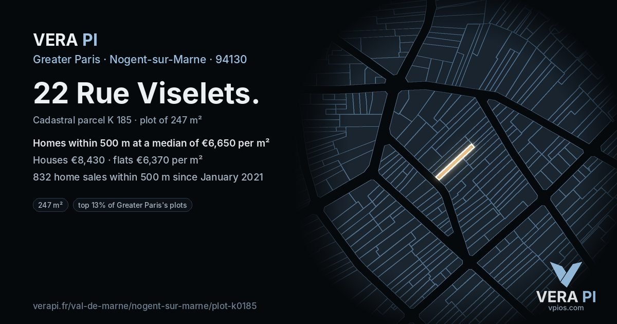 22 Rue Viselets, Nogent-sur-Marne at night – the plot lit, the parcels around coloured by the prices near them