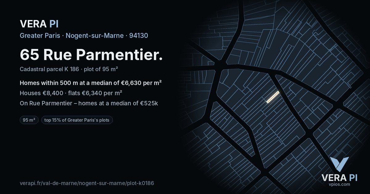 65 Rue Parmentier, Nogent-sur-Marne at night – the plot lit, the parcels around coloured by the prices near them