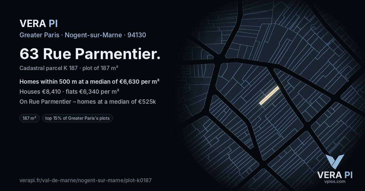63 Rue Parmentier, Nogent-sur-Marne at night – the plot lit, the parcels around coloured by the prices near them
