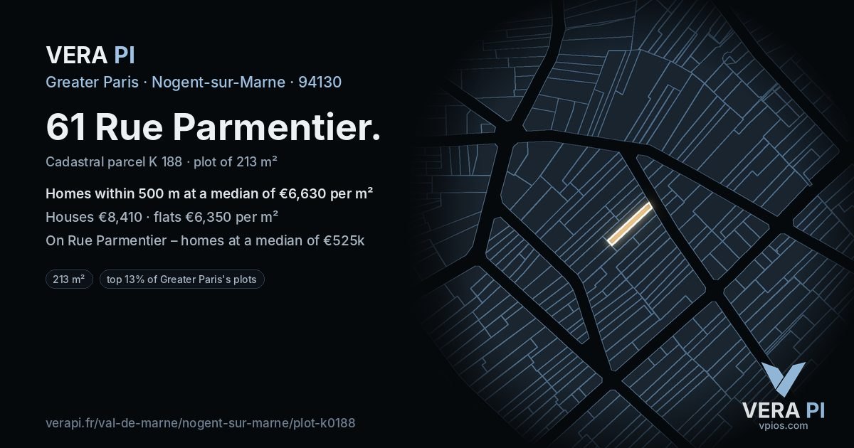 61 Rue Parmentier, Nogent-sur-Marne at night – the plot lit, the parcels around coloured by the prices near them