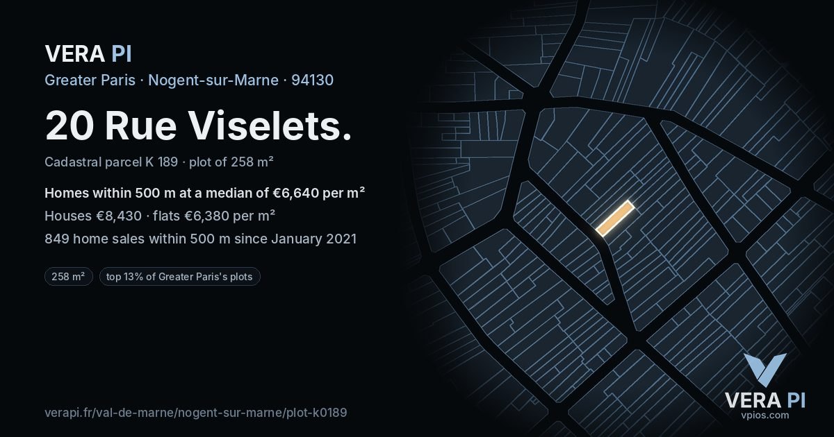 20 Rue Viselets, Nogent-sur-Marne at night – the plot lit, the parcels around coloured by the prices near them